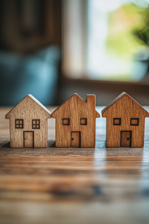 Three wooden house models of different designs are lined up on a wooden surface. The background features a soft, neutral tone that enhances the natural textures and colors of the wood.の素材