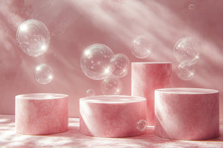 A set of circular pink platforms of varying heights is arranged elegantly. Floating bubbles surround the platforms, creating a dreamy and peaceful atmosphere with soft lighting.の素材