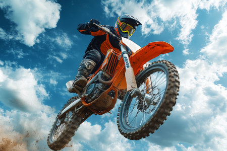 A skilled rider executes a daring jump on a dirt bike, showcasing control and agility. The sunlit sky adds to the excitement of the off road adventure in a rural setting.の素材