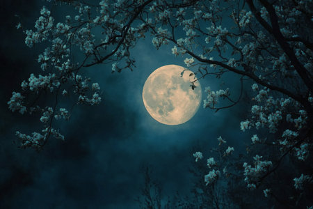 The full moon illuminates the night sky, casting a serene glow while framed by dark leaves. The tranquil atmosphere invites reflection and peace in a wooded setting.の素材