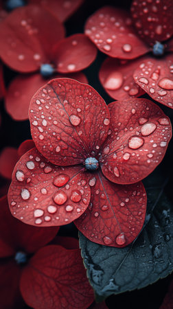 Close up of vibrant red petals adorned with droplets of water rests on lush green foliage, showing natures beauty after a recent rain shower during daylight hours.の素材