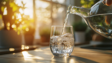 A hand pours sparkling water into a clear glass on a wooden table. The light reflects off the bubbles, creating a refreshing ambiance in the caf.の素材