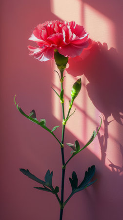 A pink flower with a green stem set against a pink background.の素材