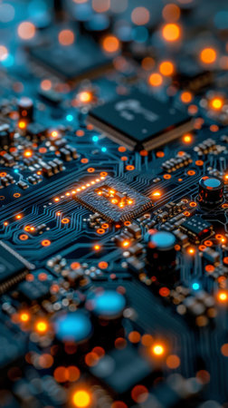 Detailed view of a computer circuit board showing intricate components and pathways.の素材