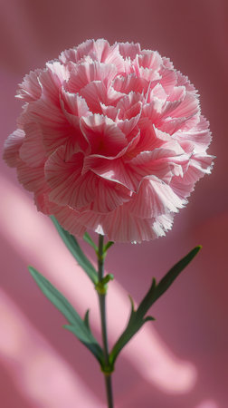A pink flower with a green stem set against a pink background.の素材
