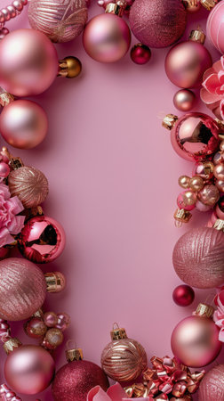 A collection of blue and red ornaments arranged neatly on a vibrant pink background, creating a festive and colorful display.の素材