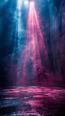 A strong, bright light source shines brightly in a dark room, casting stark shadows and contrast.の素材