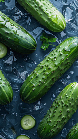 A bunch of cucumbers neatly arranged side by side on a surface.の素材