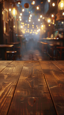 A wooden table in focus with a blurred background, creating a contrast in sharpness and depth of field.の素材