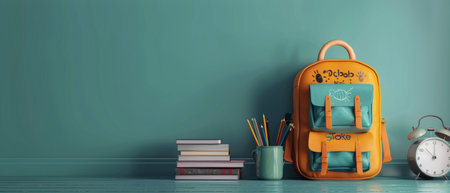 A yellow backpack and school supplies rest on a desk in front of a green chalkboard with white chalk drawings.の素材