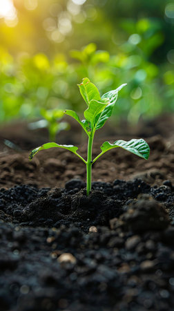 A small green plant emerging from the soil, showing growth and renewal in nature.の素材