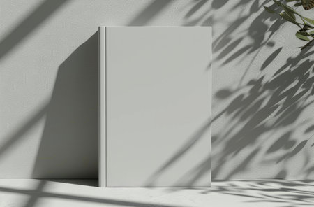 A blank white book mockup against a white wall with sunlight and leaf shadows.の素材