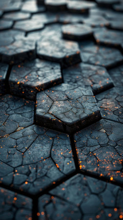A textured surface of hexagonal stones, each cracked and showing glowing orange light underneath.の素材