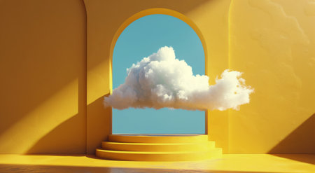 A white cloud floats through a yellow archway in a minimalist, surreal scene.の素材