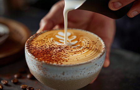 A close-up image of a barista pouring milk into a cup of latte with cinnamon on top. The coffee is in focus and the baristas hand is blurred in the background.の素材