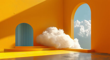 A white cloud floats through a yellow archway in a minimalist, surreal scene.の素材