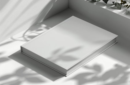 A blank white book mockup against a white wall with sunlight and leaf shadows.の素材