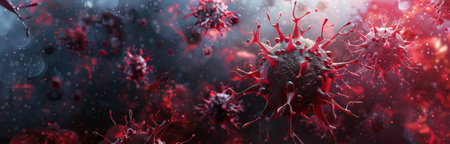 A close-up of a red virus with spikes against a dark background. Other viruses are in the background, out of focus.の素材