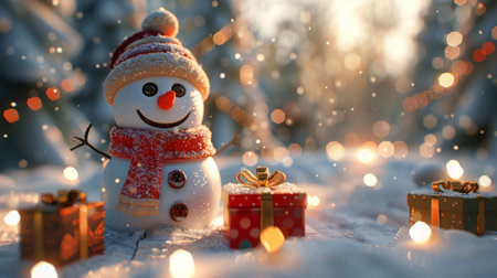 A snowman with a red and white scarf stands in a snowy landscape with presents and red ornaments, surrounded by falling snow and out-of-focus lights.の素材