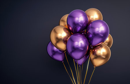 A cluster of purple and gold balloons tied together with strings on a dark purple background.の素材