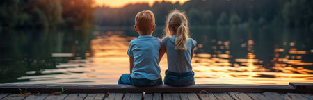 A young boy and girl sit on a wooden dock overlooking a lake as the sun sets in the distance.の素材