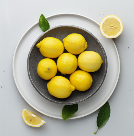 Lemons arranged in a white bowl with green leaves on a white background. The lemons are whole and sliced.の素材