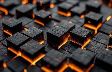 A close-up of abstract black cubes with glowing orange lines between them.の素材