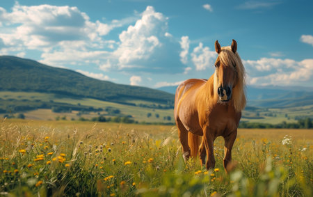 A single brown horse stands in a green meadow, looking directly at the camera. The horse has a light mane and tail. The background features a blue sky with white clouds and distant rolling hills.の素材