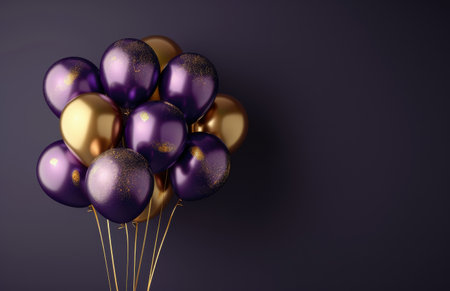 A cluster of purple and gold balloons tied together with strings on a dark purple background.の素材