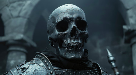 A close-up image of a decaying skeleton, armor wearing, in a dimly lit environment.の素材