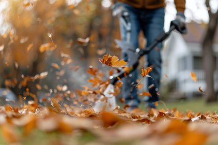 A close-up view of fallen leaves being blown around by a leaf blower. The leaves are orange and brown, and the blower is partially visible in the background.の素材