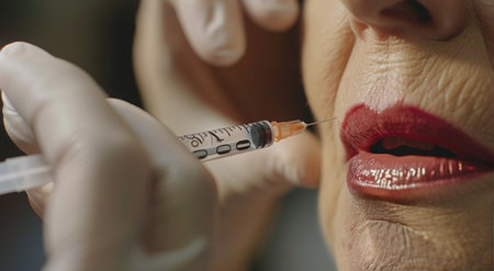 A close-up image of a senior woman receiving lip injections.の素材