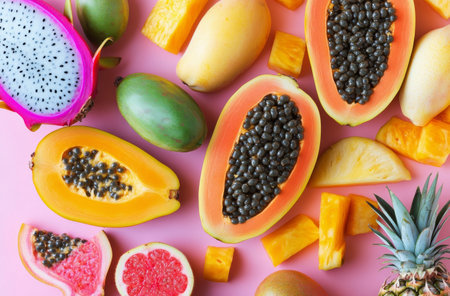 An array of tropical fruits including papaya, dragon fruit, pineapple, and mango is artistically arranged on a bright pink surface, showing their vibrant colors and textures.の素材