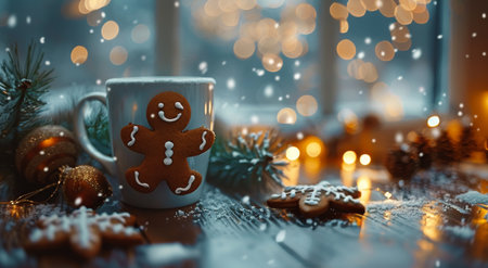 A gingerbread man cookie sits beside a mug of hot chocolate, surrounded by snow, Christmas ornaments, and festive lights.の素材