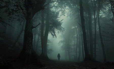 A lone figure walks through a misty forest at dusk, their silhouette barely visible in the fading light.の素材