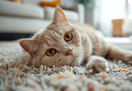 A light-colored cat with bright orange eyes is lying on a fluffy, white rug in a home.の素材