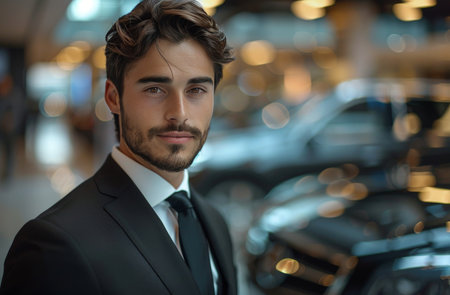 A young man in a black suit and tie stands in a car dealership with a car in the background.の素材