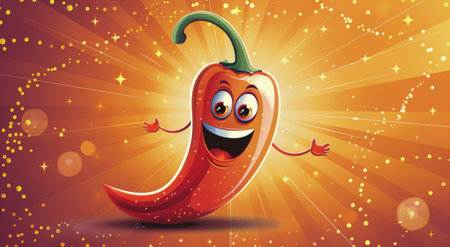 A cute cartoon pepper with a big smile and eyes, standing in a spotlight with a happy expression.の素材