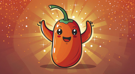 A cute cartoon pepper with a big smile and eyes, standing in a spotlight with a happy expression.の素材