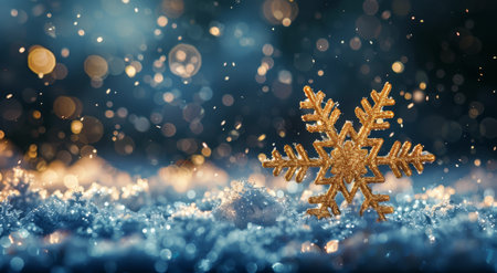 A single golden snowflake sits on a bed of snow, with a blurred background of bokeh lights and falling snow.の素材