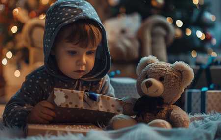 A young child in a gray hoodie opens a blue gift box with a polka dot pattern, while a teddy bear sits beside them. They are surrounded by warm, festive lights.の素材
