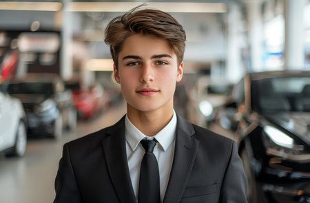 A young man in a black suit and tie stands in a car dealership with a car in the background.の素材