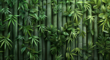A close-up image of a verdant bamboo wall, featuring lush green foliage and intricate patterns.の素材