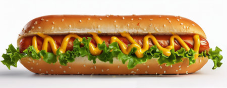 A close-up of a classic hot dog with mustard and lettuce on a sesame seed bun, isolated on a white background.の素材