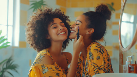 Two women with curly hair share a joyful moment while applying makeup together. One applies colorful eyeshadow to the other, surrounded by a stylish bathroom with natural light streaming in.の素材