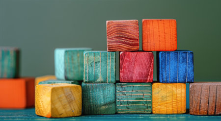A close-up image of colorful wooden blocks stacked in a pyramid shape on a wooden table against a green background.の素材