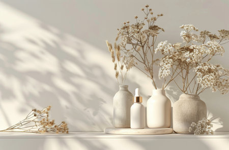 A rustic wooden shelf with a vase of dried flowers and a straw hat, against a white wall.の素材