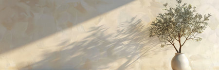 A potted green plant with small leaves stands against a textured off-white wall. Sunlight casts shadows on the wall.の素材