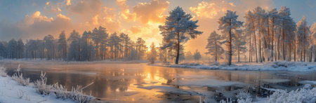 A frozen river reflects the golden light of sunrise as frost-covered pine trees stand tall on the snow-covered bank.の素材