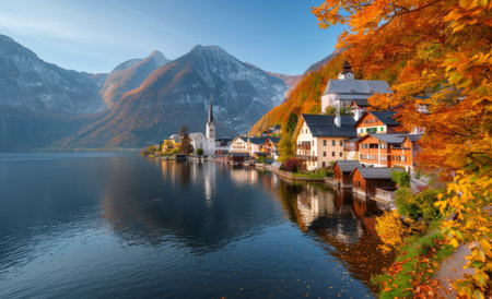 A picturesque town sits beside a calm lake, framed by snow-capped mountains in the distance. The setting sun bathes the scene in warm, golden hues.の素材